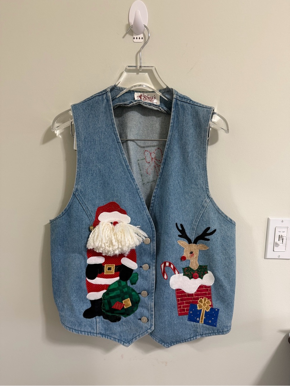 Vintage Rhea’s Fun Fashions Christmas Denim Vest XL Santa Rudolph Made USA